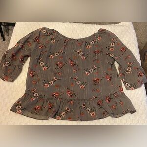 Massini Gray Floral Blouse with Red and Pink Accents
